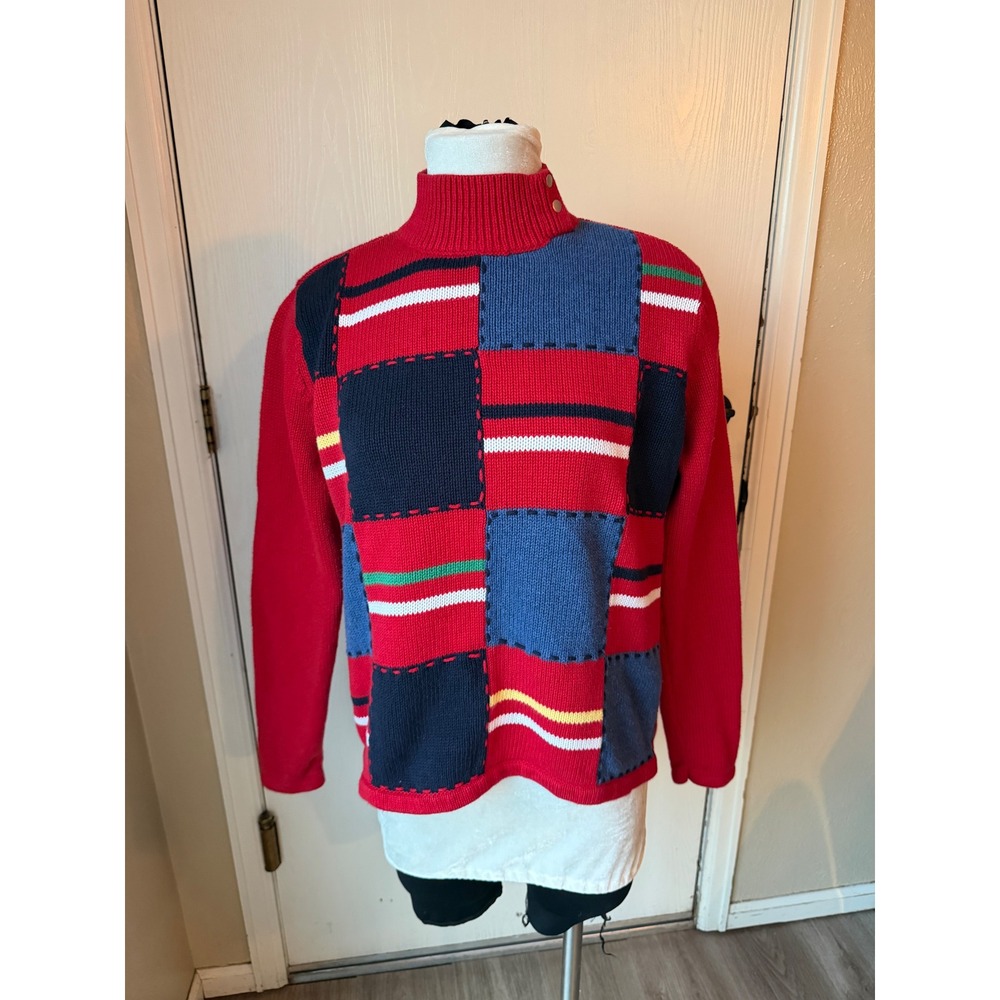 Vintage Crazy Horse Liz Claiborne Red Patchwork Mock Neck Sweater Womens Medium